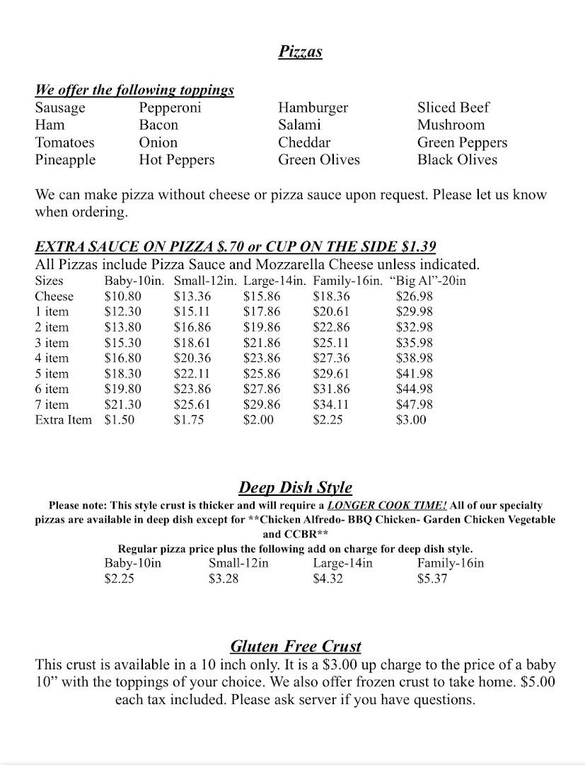 Al & Leda's Pizzeria Menu